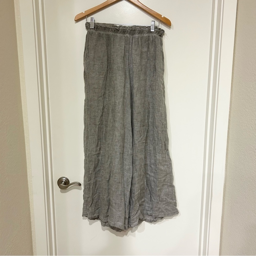 Natacha Paris 100% linen wide leg pull up pants M  made in Italy grey pockets